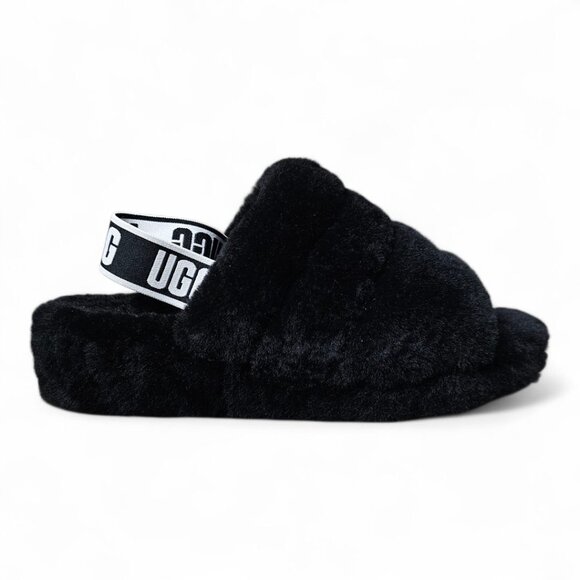 UGG Fluff Yeah Slide Black Slippers Shearling Slingback Slip On Shoe Sandals - Picture 1 of 14